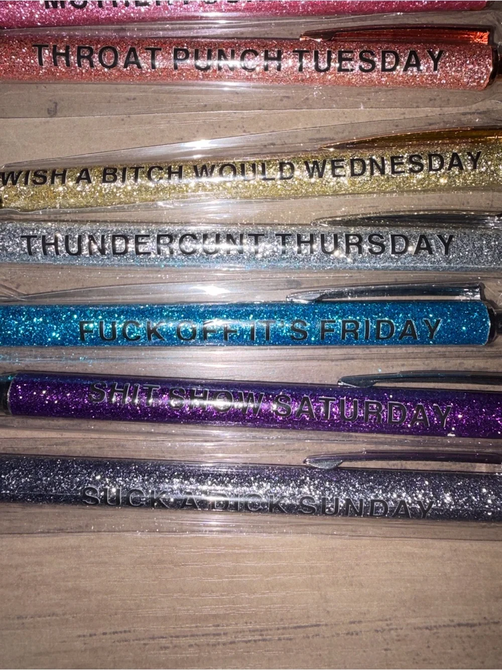 🆕💜 7 Funny Glitter Pens Set Days of the Week Sarcastic Adult Humor